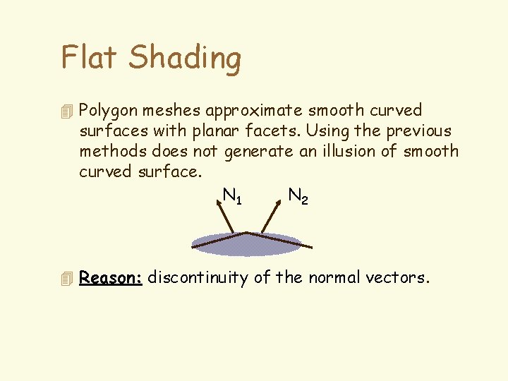 Flat Shading 4 Polygon meshes approximate smooth curved surfaces with planar facets. Using the
