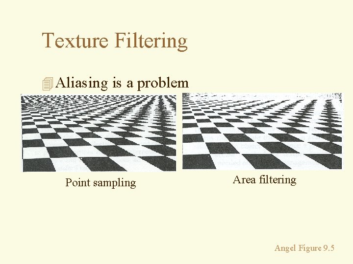 Texture Filtering 4 Aliasing is a problem Point sampling Area filtering Angel Figure 9.