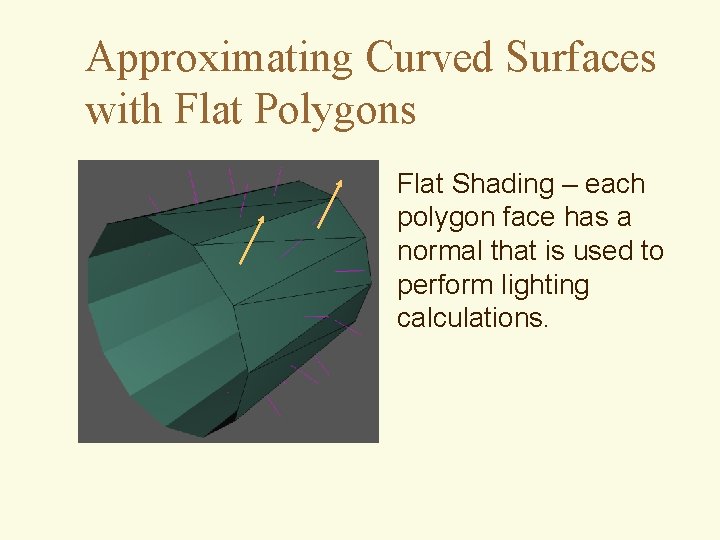 Approximating Curved Surfaces with Flat Polygons Flat Shading – each polygon face has a