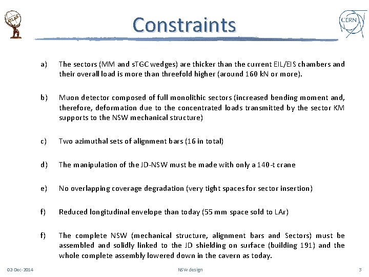 Constraints 02 -Dec-2014 a) The sectors (MM and s. TGC wedges) are thicker than