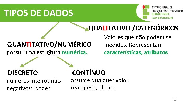 TIPOS DE DADOS QUALITATIVO /CATEGÓRICOS QUANTITATIVO/NUMÉRICO possui uma estrutura S numérica. DISCRETO números inteiros