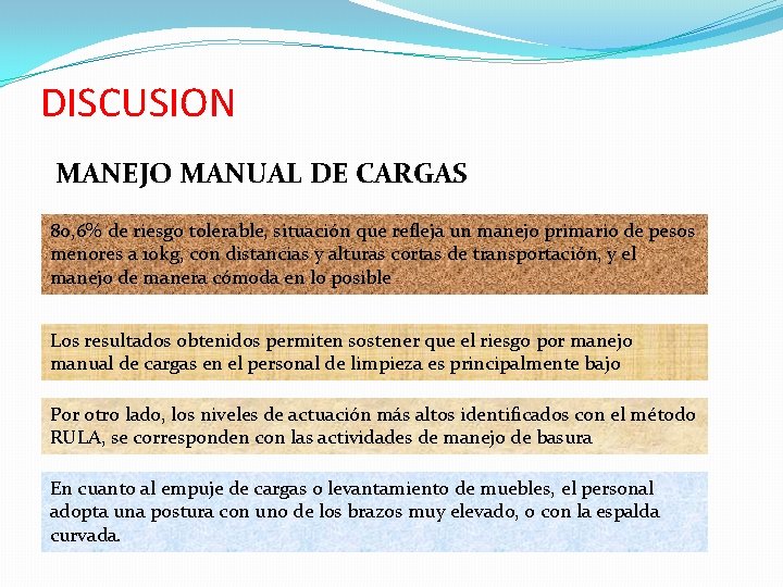 DISCUSION MANEJO MANUAL DE CARGAS 80, 6% de riesgo tolerable, situación que refleja un