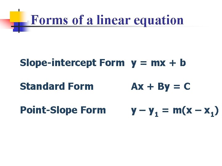 Forms of a linear equation Slope-intercept Form y = mx + b Standard Form