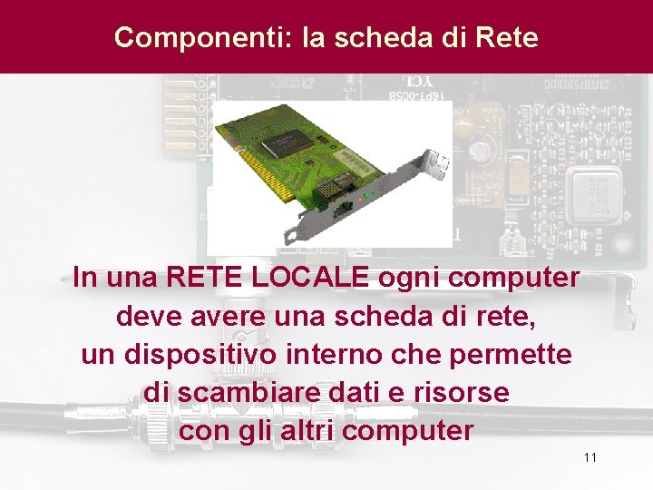 Componenti: la scheda di Rete In una RETE LOCALE ogni computer deve avere una