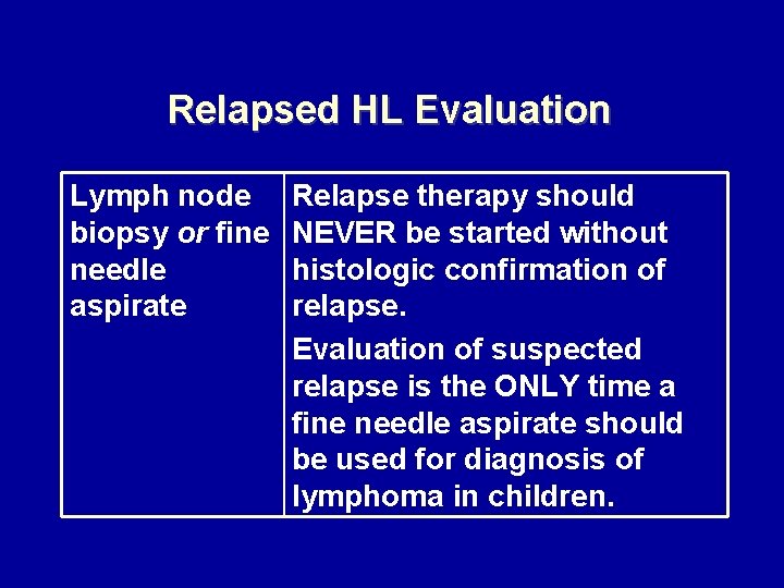 Relapsed HL Evaluation Lymph node biopsy or fine needle aspirate Relapse therapy should NEVER