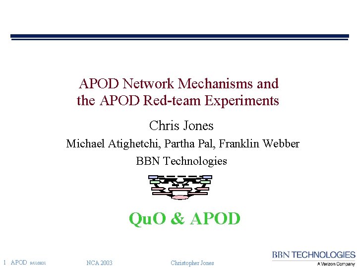 APOD Network Mechanisms and the APOD Red-team Experiments Chris Jones Michael Atighetchi, Partha Pal,