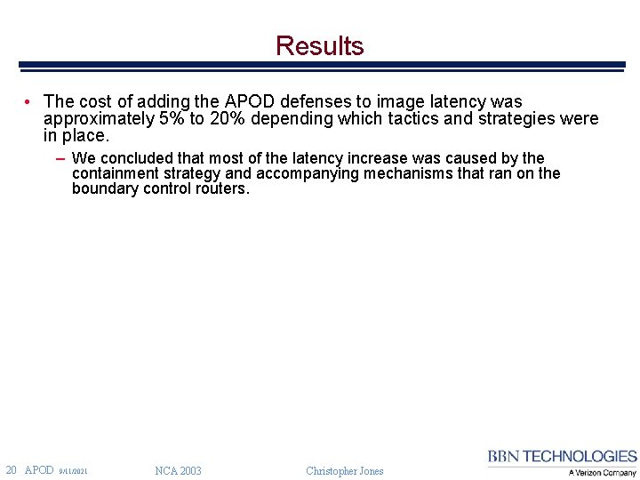 Results • The cost of adding the APOD defenses to image latency was approximately