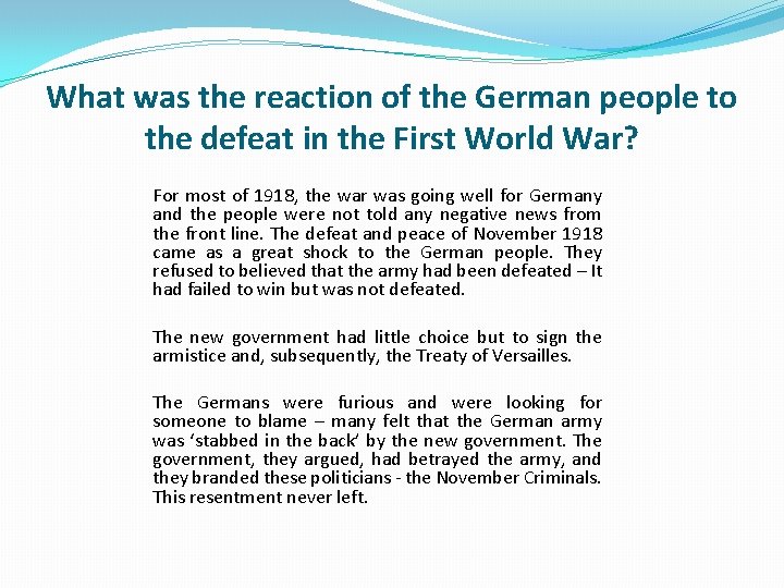 What was the reaction of the German people to the defeat in the First