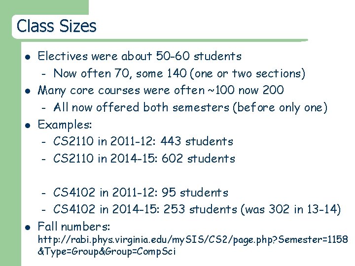 Class Sizes l l l Electives were about 50 -60 students – Now often