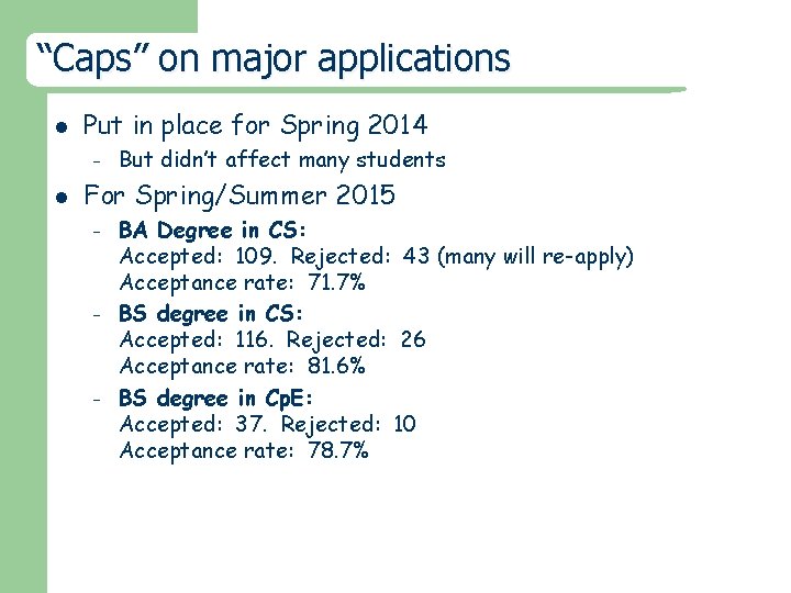 “Caps” on major applications l Put in place for Spring 2014 – l But