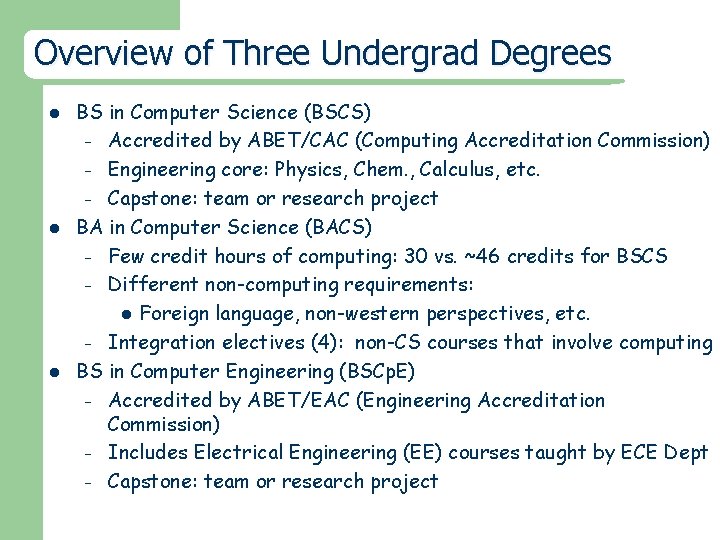 Overview of Three Undergrad Degrees l l l BS in Computer Science (BSCS) –