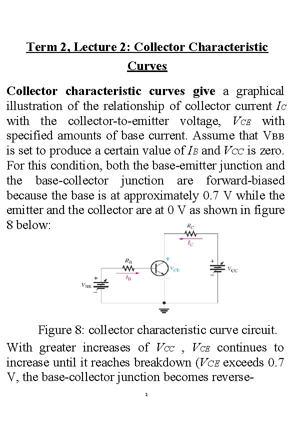 Term 2, Lecture 2: Collector Characteristic Curves Collector characteristic curves give a graphical illustration