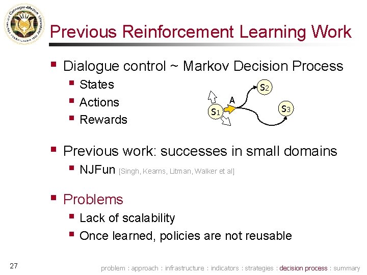 Previous Reinforcement Learning Work § Dialogue control ~ Markov Decision Process § States §