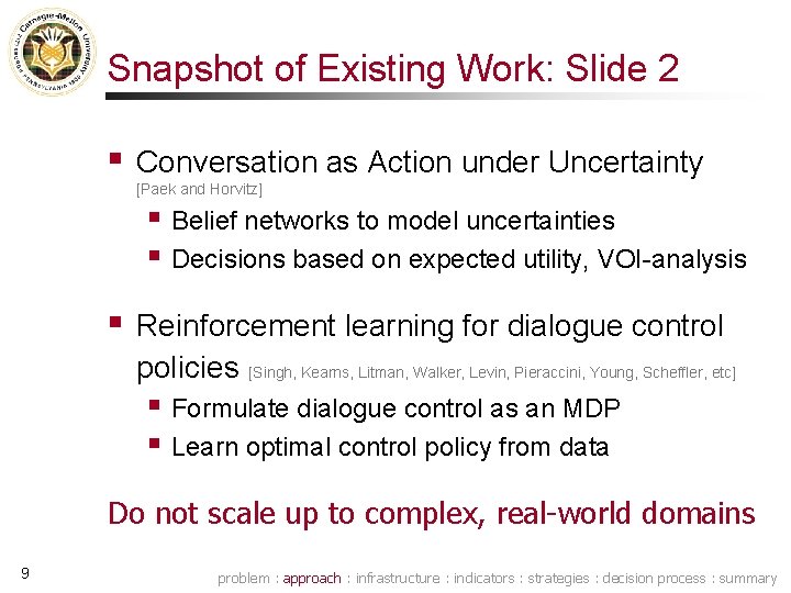 Snapshot of Existing Work: Slide 2 § Conversation as Action under Uncertainty [Paek and