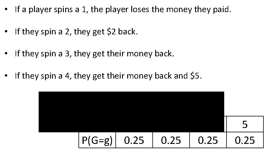  • If a player spins a 1, the player loses the money they