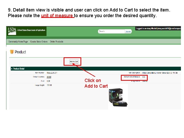 9. Detail item view is visible and user can click on Add to Cart