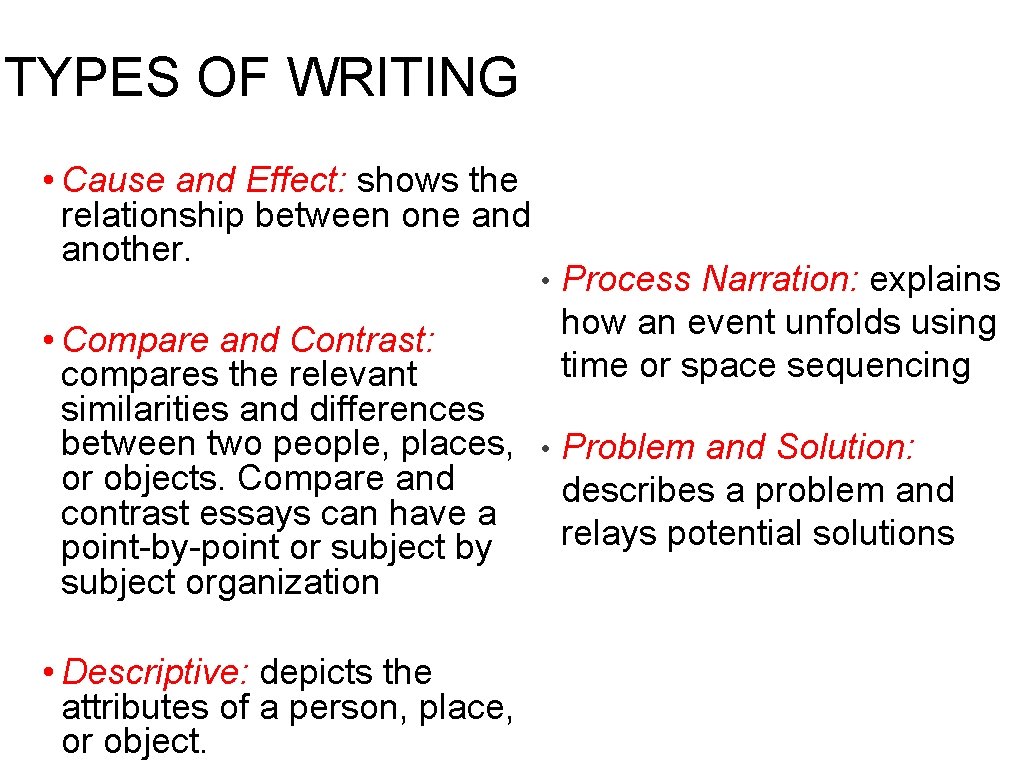 TYPES OF WRITING • Cause and Effect: shows the relationship between one and another.