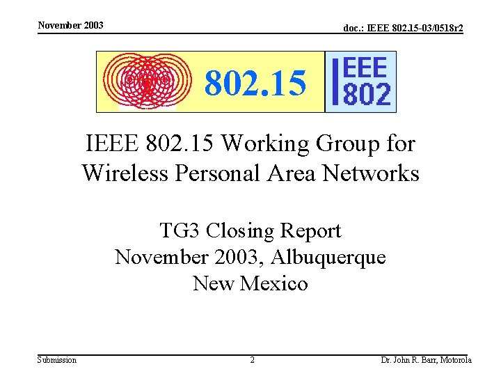 November 2003 doc. : IEEE 802. 15 -03/0518 r 2 802. 15 IEEE 802.