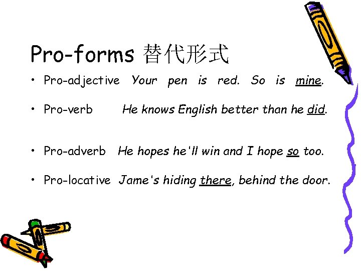 Pro-forms 替代形式 • Pro-adjective Your pen is red. So is mine. • Pro-verb He