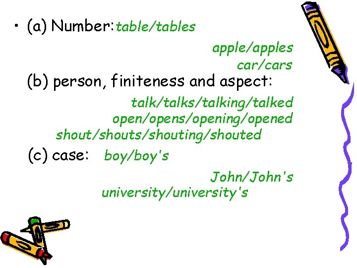  • (a) Number: table/tables apple/apples car/cars (b) person, finiteness and aspect: talk/talks/talking/talked open/opens/opening/opened