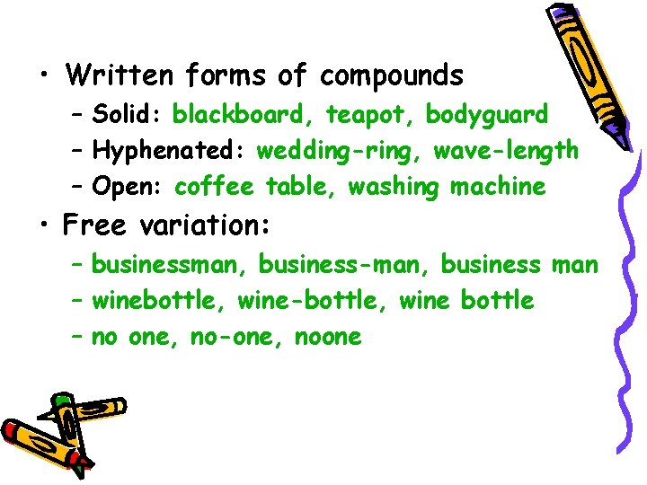  • Written forms of compounds – Solid: blackboard, teapot, bodyguard – Hyphenated: wedding-ring,