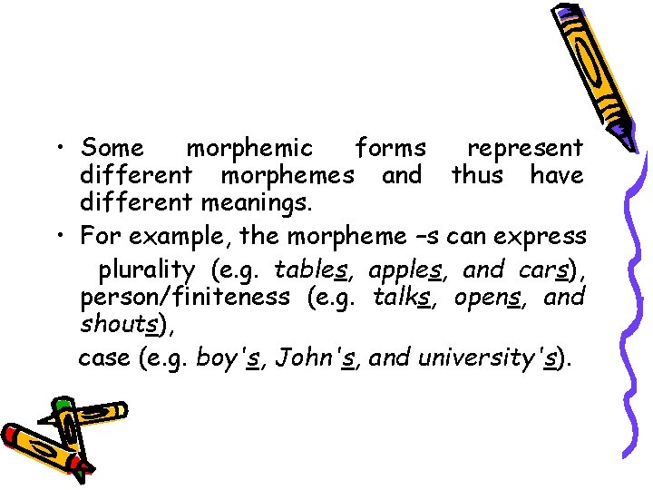  • Some morphemic forms represent different morphemes and thus have different meanings. •