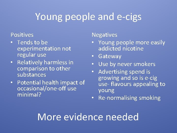 Young people and e-cigs Positives • Tends to be experimentation not regular use •