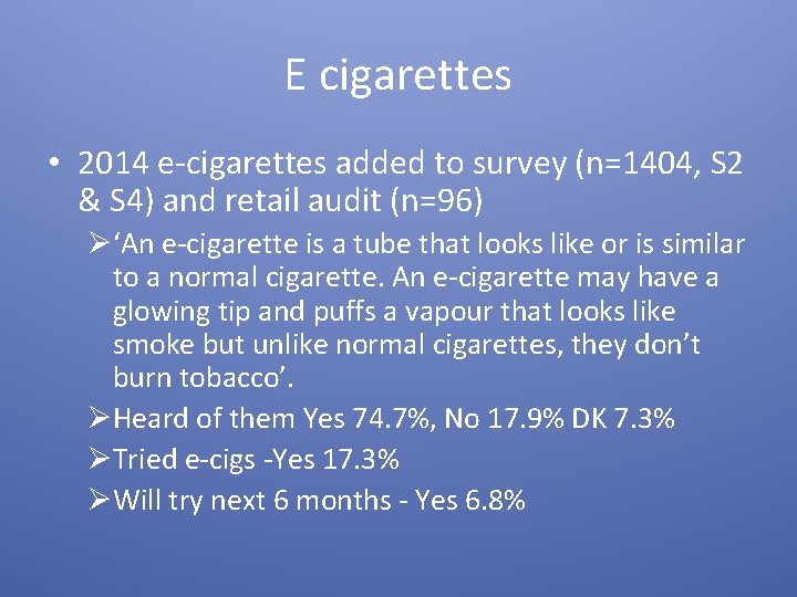 E cigarettes • 2014 e-cigarettes added to survey (n=1404, S 2 & S 4)