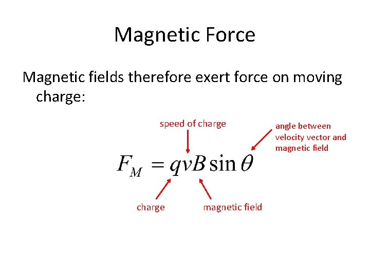 Magnetic Force Magnetic fields therefore exert force on moving charge: speed of charge magnetic