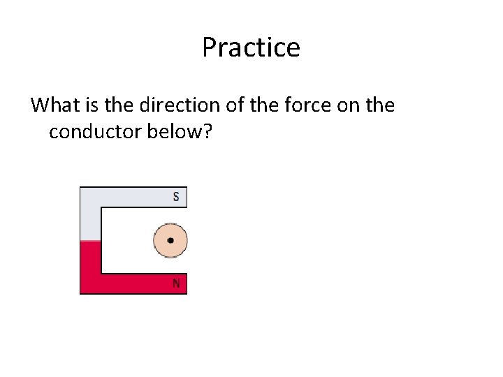 Practice What is the direction of the force on the conductor below? 