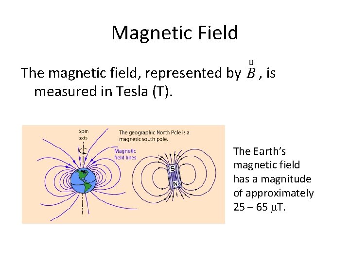 Magnetic Field The magnetic field, represented by measured in Tesla (T). , is The