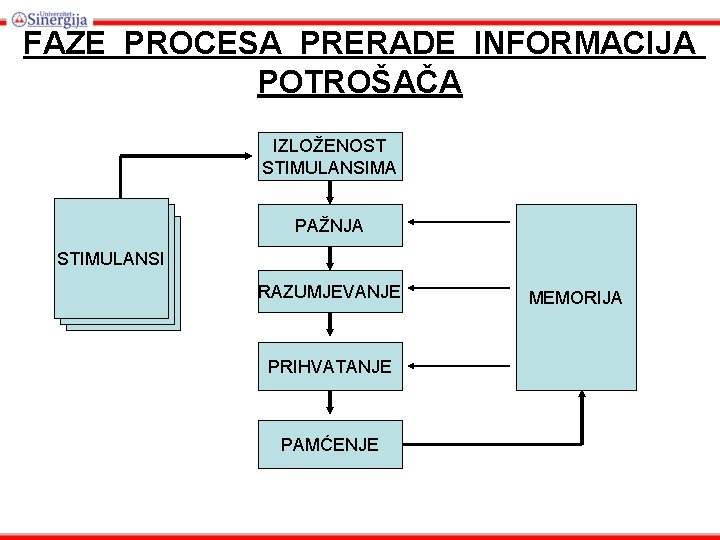 FAZE PROCESA PRERADE INFORMACIJA POTROŠAČA IZLOŽENOST STIMULANSIMA PAŽNJA STIMULANSI RAZUMJEVANJE PRIHVATANJE PAMĆENJE MEMORIJA 