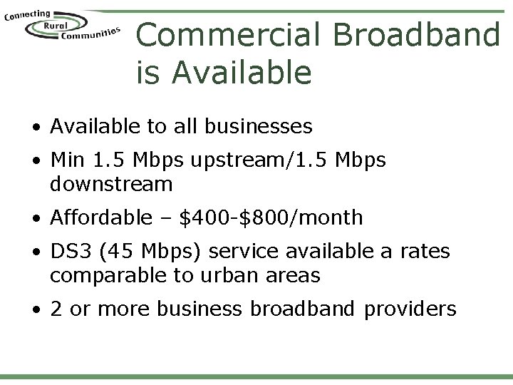 Commercial Broadband is Available • Available to all businesses • Min 1. 5 Mbps