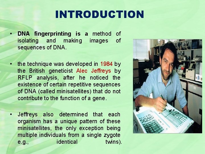 INTRODUCTION • DNA fingerprinting is a method of isolating and making images of sequences