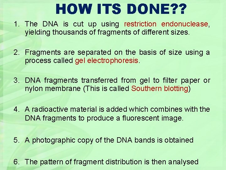 HOW ITS DONE? ? 1. The DNA is cut up using restriction endonuclease, yielding
