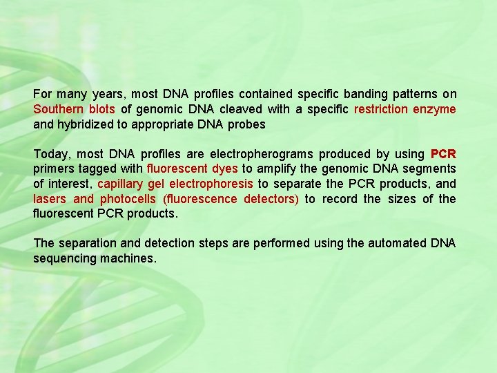 For many years, most DNA profiles contained specific banding patterns on Southern blots of
