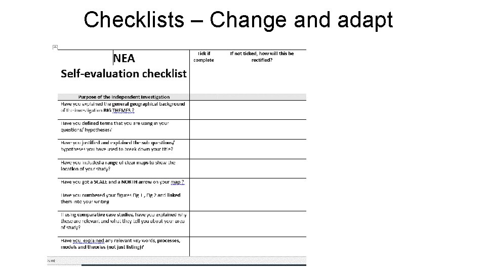 Checklists – Change and adapt 