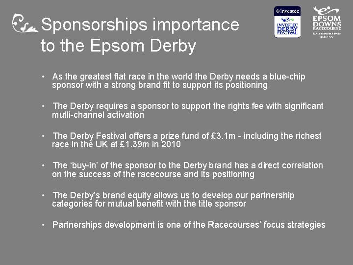 Sponsorships importance to the Epsom Derby • As the greatest flat race in the