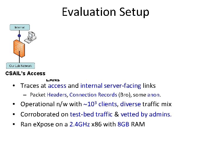 Evaluation Setup CSAIL’s Access Link of Conf. LANs Before CSAIL’s Servers Inside Microsoft •