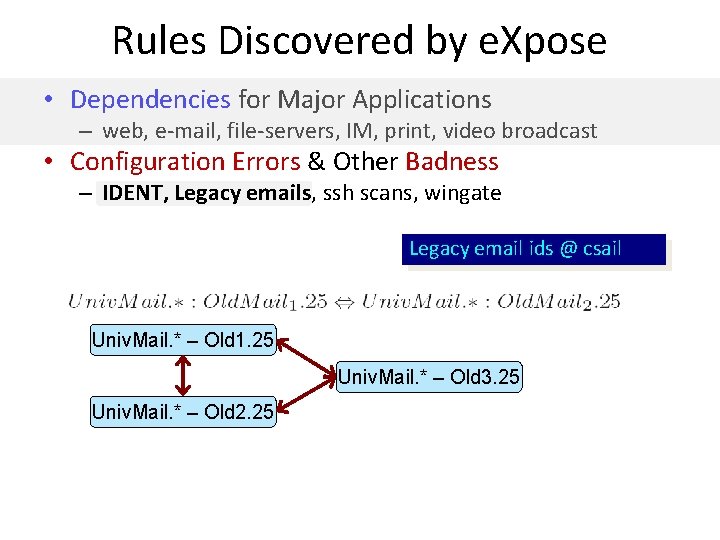 Rules Discovered by e. Xpose • Dependencies for Major Applications – web, e-mail, file-servers,