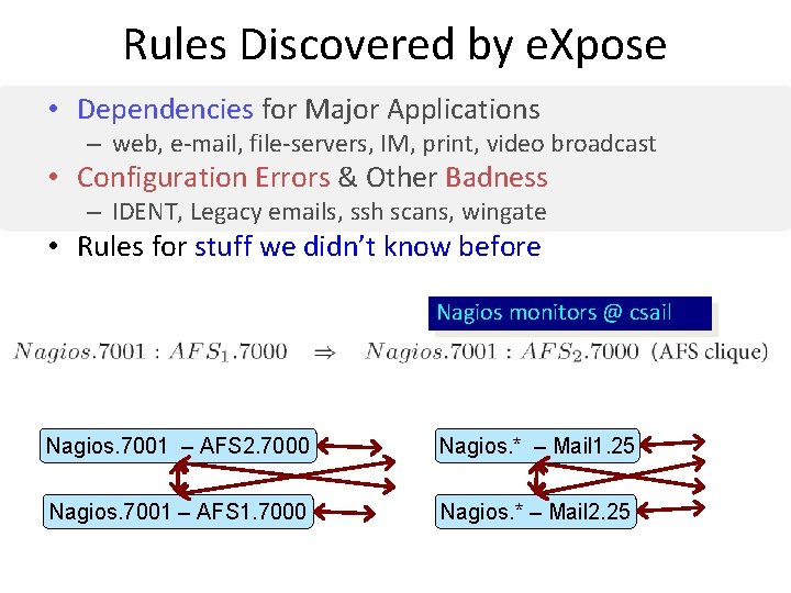 Rules Discovered by e. Xpose • Dependencies for Major Applications – web, e-mail, file-servers,