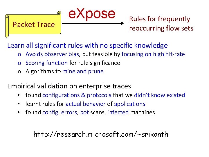 Packet Trace e. Xpose Rules for frequently reoccurring flow sets Learn all significant rules