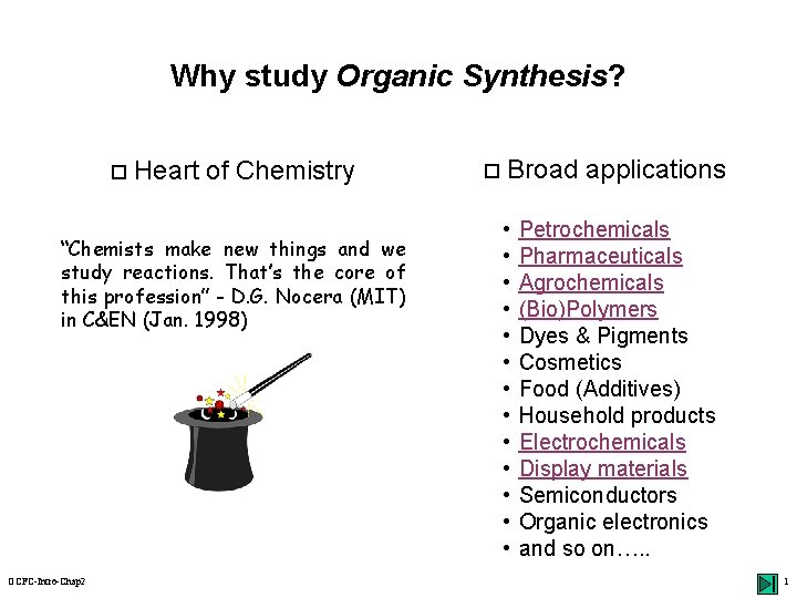 Why study Organic Synthesis? o Heart of Chemistry “Chemists make new things and we