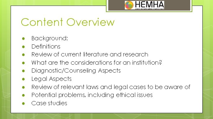 Content Overview ● ● ● ● ● Background: Definitions Review of current literature and