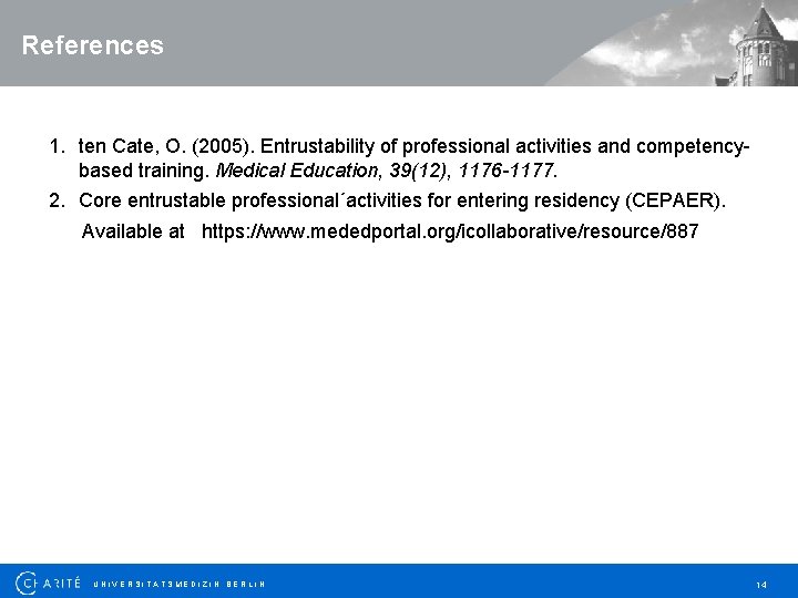 References 1. ten Cate, O. (2005). Entrustability of professional activities and competencybased training. Medical