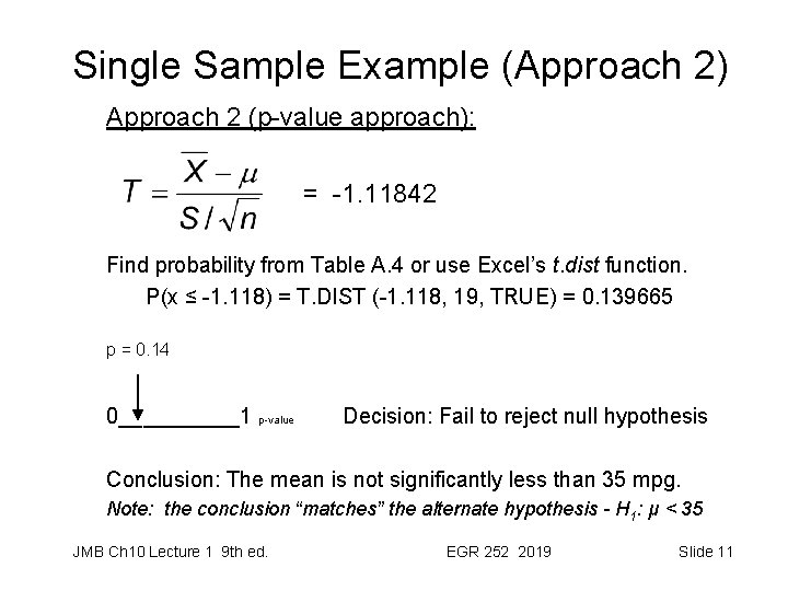 Single Sample Example (Approach 2) Approach 2 (p-value approach): = -1. 11842 Find probability