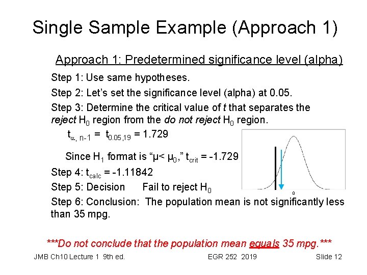 Single Sample Example (Approach 1) Approach 1: Predetermined significance level (alpha) Step 1: Use