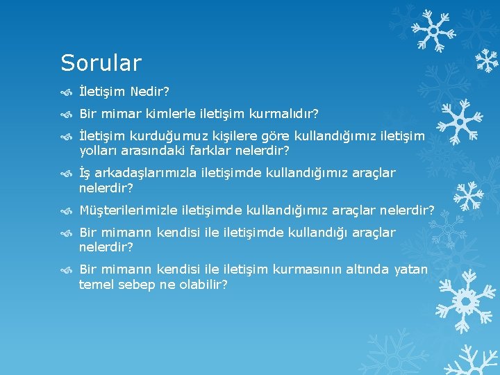 Sorular İletişim Nedir? Bir mimar kimlerle iletişim kurmalıdır? İletişim kurduğumuz kişilere göre kullandığımız iletişim