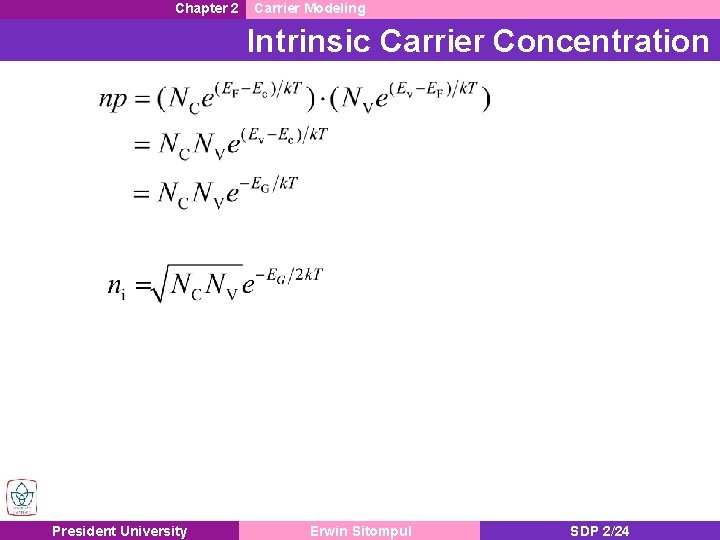 Chapter 2 Carrier Modeling Intrinsic Carrier Concentration President University Erwin Sitompul SDP 2/24 