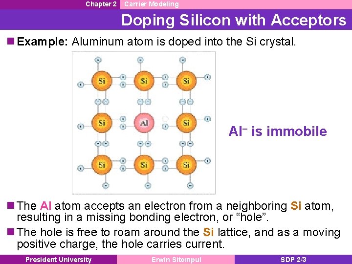Chapter 2 Carrier Modeling Doping Silicon with Acceptors n Example: Aluminum atom is doped